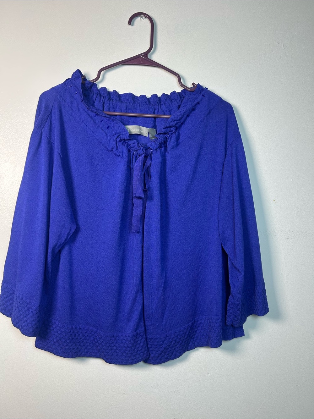 Liz Claiborne Cardigan XL Royal Cobalt Blue Ruffle Tie Minimalist Boho Peasant